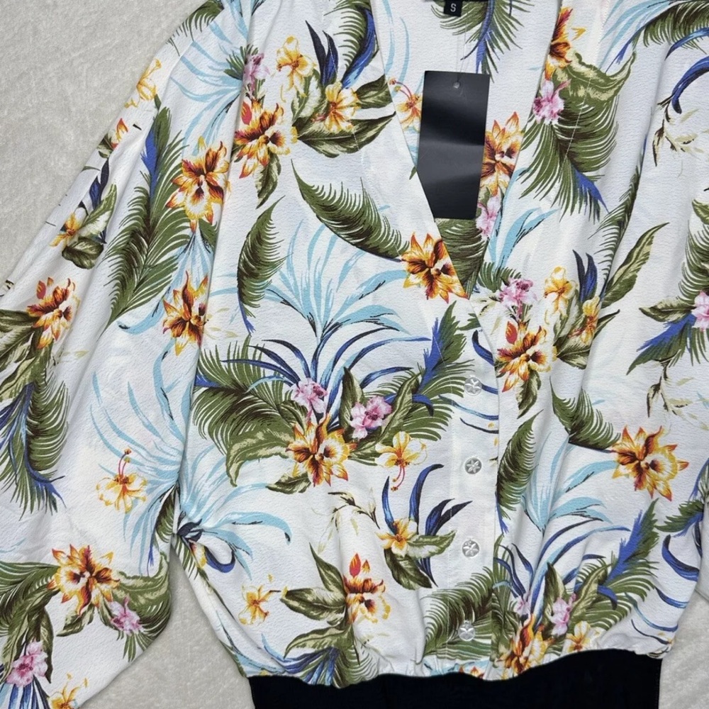 FKSP Women’s Hawaiian Floral Bodysuit Small Mesh Panties Bell Sleeve Button Down - Picture 2 of 15